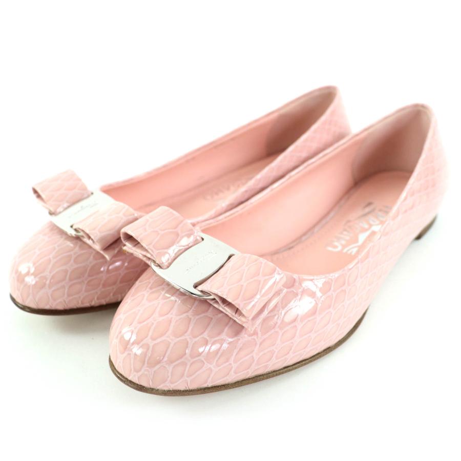 未使用品◇Salvatore Ferragamo サルヴァトーレフェラガモ ヴァラリボン リザード型押し バレエシューズ レザーパンプス ピンク 5.5 伊製 未使用品◇Salvatore Ferragamo サルヴァトーレフェラガモ ヴァラ