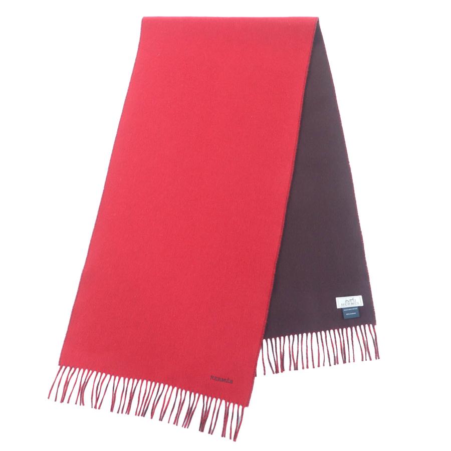 【美品】HERMÈS レッド カシミヤマフラー フリンジ付きロゴ刺繍 タグなし HERMES（エルメス） 極美品◇HERMES カシミヤ100％ ロゴ刺繍 フリンジ