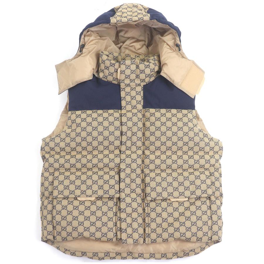 極美品□GUCCI グッチ 710586 GGキャンバス 総柄 フーデッド ダウンベスト ジレ ネイビー ベージュ 46 イタリア製 正規品 メンズ GUCCI（グッチ） 極美品□GUCCI 710586 GGキャンバス 総柄 フーデッド