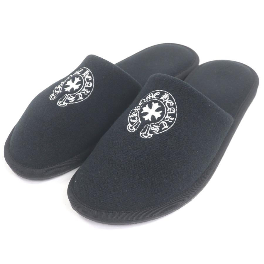 美品□CHROME HEARTS クロムハーツ HOTEL SLIPPER ホースシューロゴ エンブロイダリー パイル地 スリッパ ブラック L イタリア製 メンズ 美品□CHROME HEARTS クロムハーツ HOTEL SLIPPER ホースシューロゴ