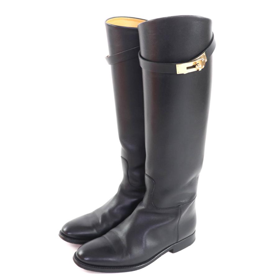 美品◇HERMES エルメス ゴールド金具 ケリーバックル レザー ジャンピング ロングブーツ 黒 36 箱・保存袋付き イタリア製 レディース HERMES（エルメス） 美品◇HERMES ゴールド金具 ケリーバックル レザー