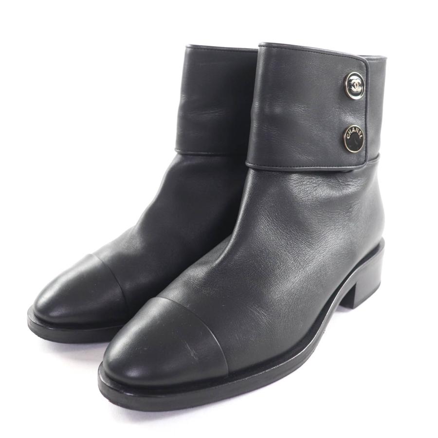 美品★CHANEL シャネル G39566 ココマーク ロゴボタン付 レザー ショートブーツ ブラック 38.5 イタリア製 レディース CHANEL（シャネル） 美品☆CHANEL G39566 ココマーク ロゴボタン付
