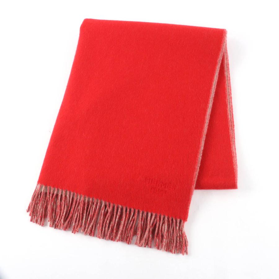 極美品★HERMES エルメス 24AW H259130S カシミヤ100％ ロゴ刺繍入り ダブルフェイス フリンジ付 マフラー ストール 赤 ベージュ 箱付 HERMES（エルメス） 極美品☆HERMES 24AW H259130S カシミヤ100％ ロゴ