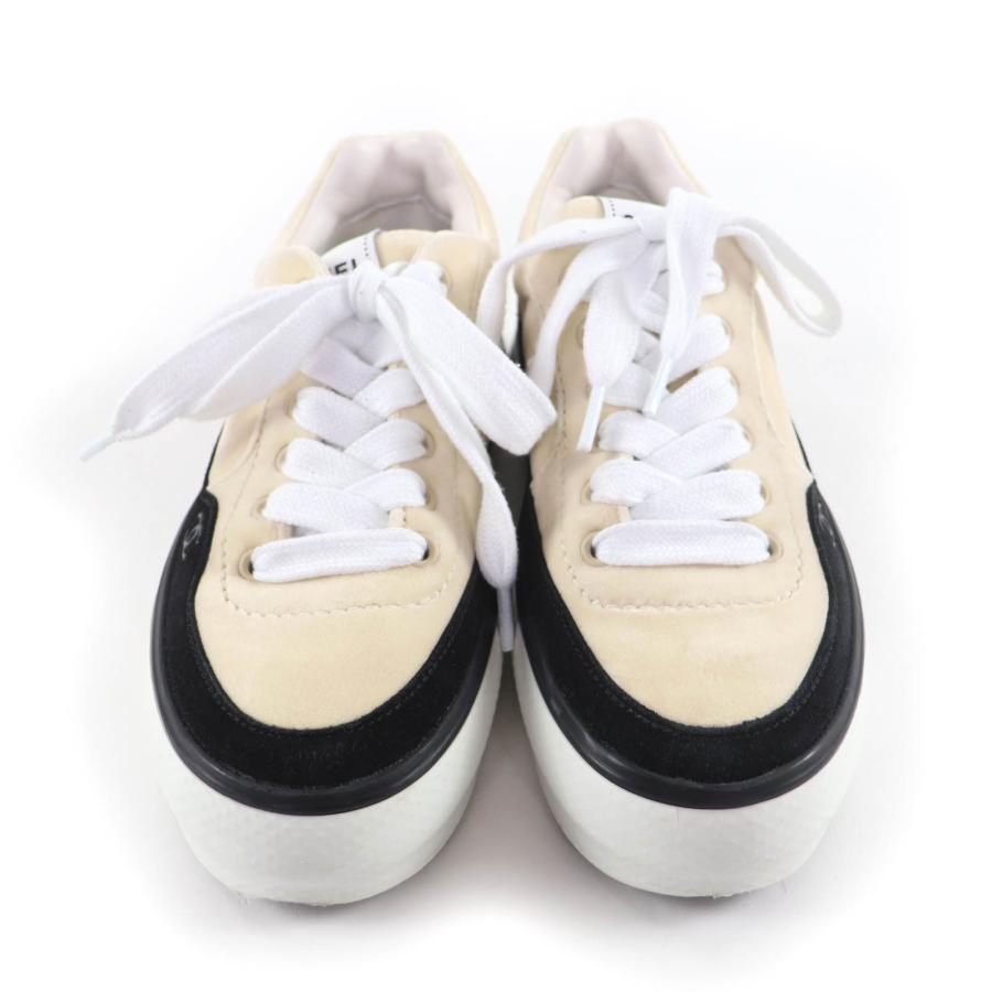 美品★CHANEL シャネル 23B 2023年製 G45208 ココマーク ベルベット レースアップ スニーカー ベージュ ブラック 36 伊製 レディース_2