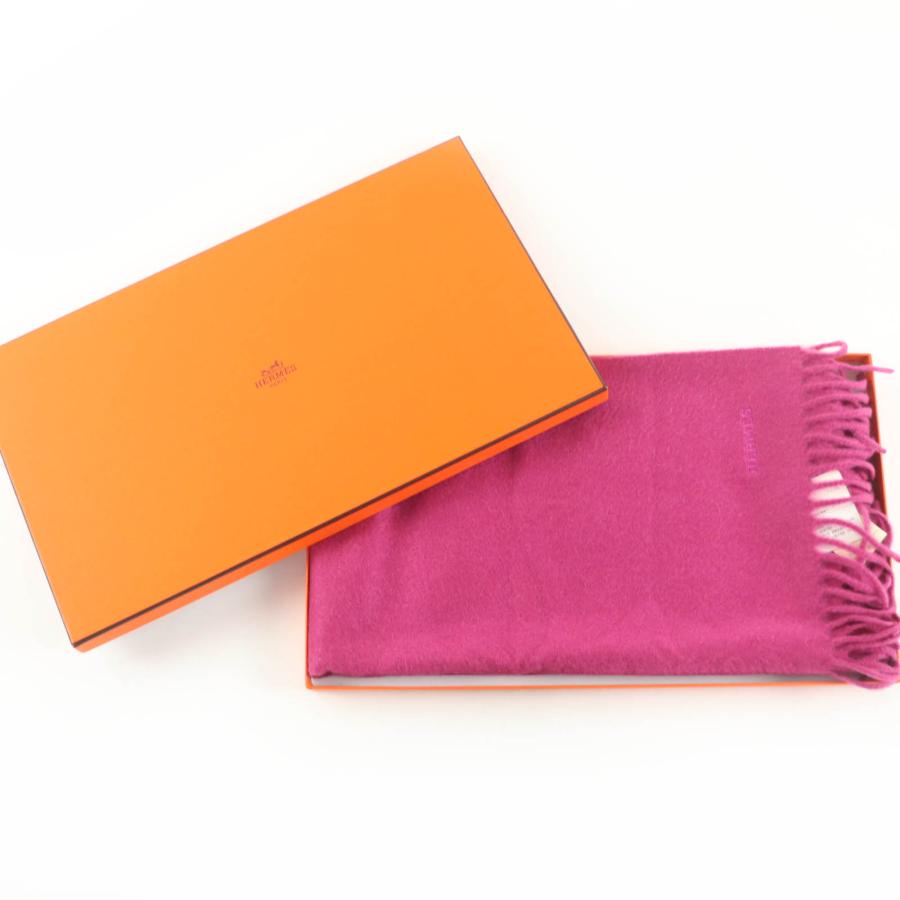 未使用品 HERMES エルメス カシミヤ100％ ローズ ロゴ刺繍入り フリンジ付 大判 ストール マフラー 40×150 箱付き レディース