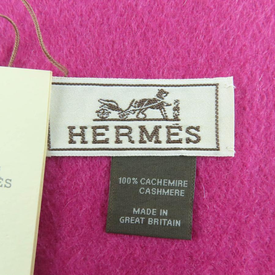 未使用品 HERMES エルメス カシミヤ100％ ローズ ロゴ刺繍入り フリンジ付 大判 ストール マフラー 40×150 箱付き レディース