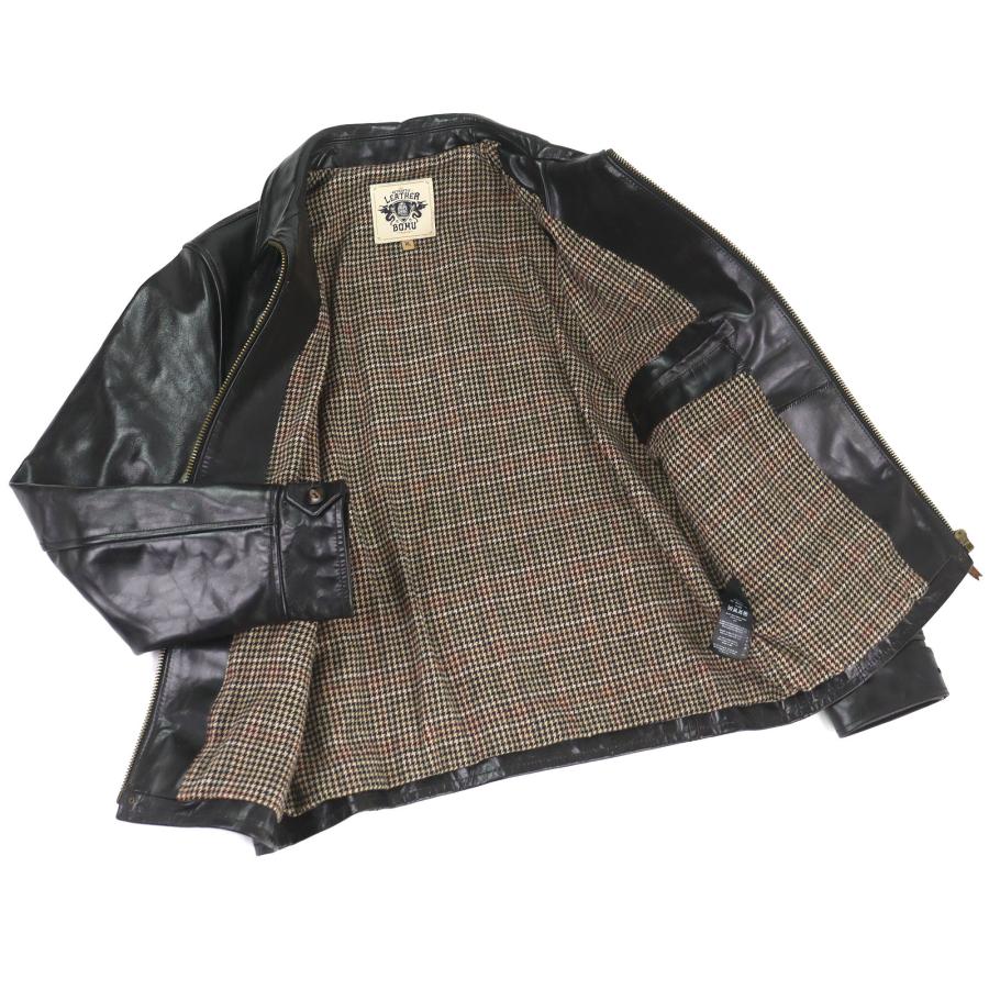 【所ジョージ着用】LEATHER BOMU レザージャケット　馬革　黒　3XL 美品□LEATHER BOMU レザーボム ホースハイド 裏地ウールブレンド