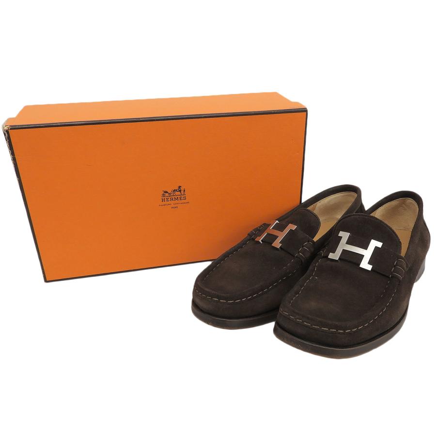 美品▲HERMES エルメス コンスタンス シルバー金具 H金具 スウェードレザー ローファー フラットシューズ 茶 36 イタリア製 レディース