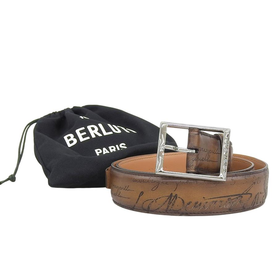 BERLUTI ベルトカリグラフィ　 ブラウン ブラック 美品△BERLUTI ベルルッティ 2024年製 カリグラフィー ピンバックル