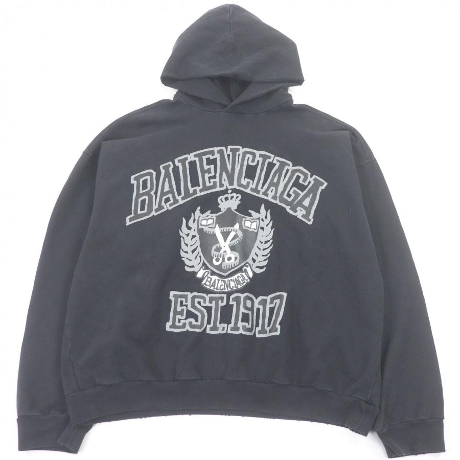 極美品□BALENCIAGA バレンシアガ 2023年製 744463 DIY COLLEGE LOGO HOODIE コットン100％ ダメージ加工 プルオーバーパーカー フーディー ブラック M 正規品 メンズ BALENCIAGA（バレンシアガ） 極美品□BALENCIAGA 2023年製 744463 DIY