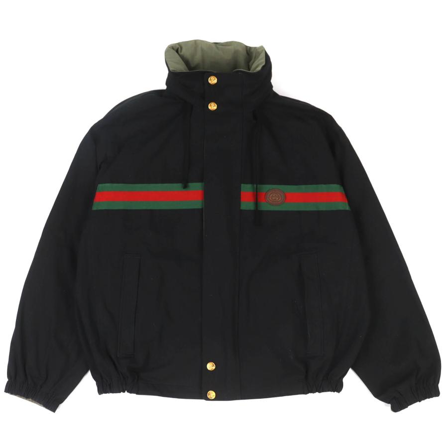 良品△GUCCI グッチ 639277 コットン インターロッキング ウェブストライプ  リバーシブル ジャケット ブラック カーキ系 46 イタリア製 正規品 メンズ GUCCI（グッチ） 良品△GUCCI 639277 コットン インターロッキング