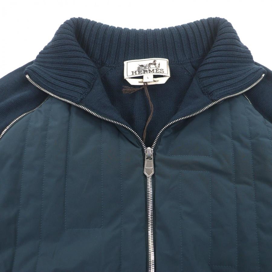 未使用品▼HERMES エルメス ウール100% Hモチーフ キルティング 中綿入り 2WAY ダブルジップアップ ブルゾン パテッド ジャケット ネイビー L イタリア製 メンズ HERMES（エルメス） 未使用品▽HERMES ウール100% Hモチーフ