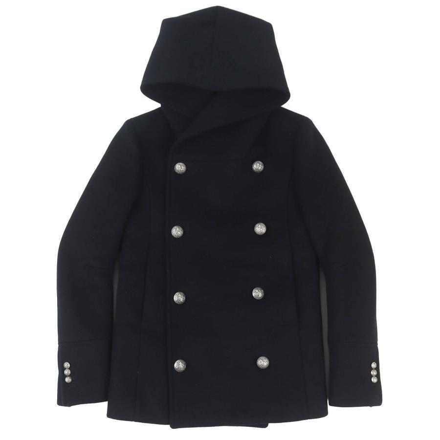 美品△BALMAIN バルマン W5HT862D162 ウール100％ エンブレムボタン 中綿入り フーデッド Pコート ピーコート ブラック 44 フランス製 正規品 メンズ BALMAIN（バルマン） 美品△BALMAIN W5HT862D162 ウール100
