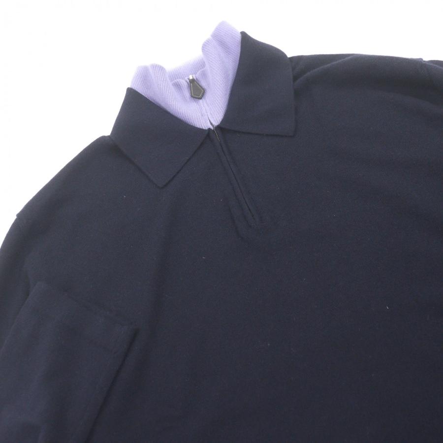 極美品□HERMES エルメス カシミヤ100％ 牛革 ハーフジップ ドッキングデザイン 薄手 ニットポロ セーター ネイビー パープル L イタリア製 正規品 メンズ HERMES（エルメス） 極美品□HERMES カシミヤ100％ ハーフジップ