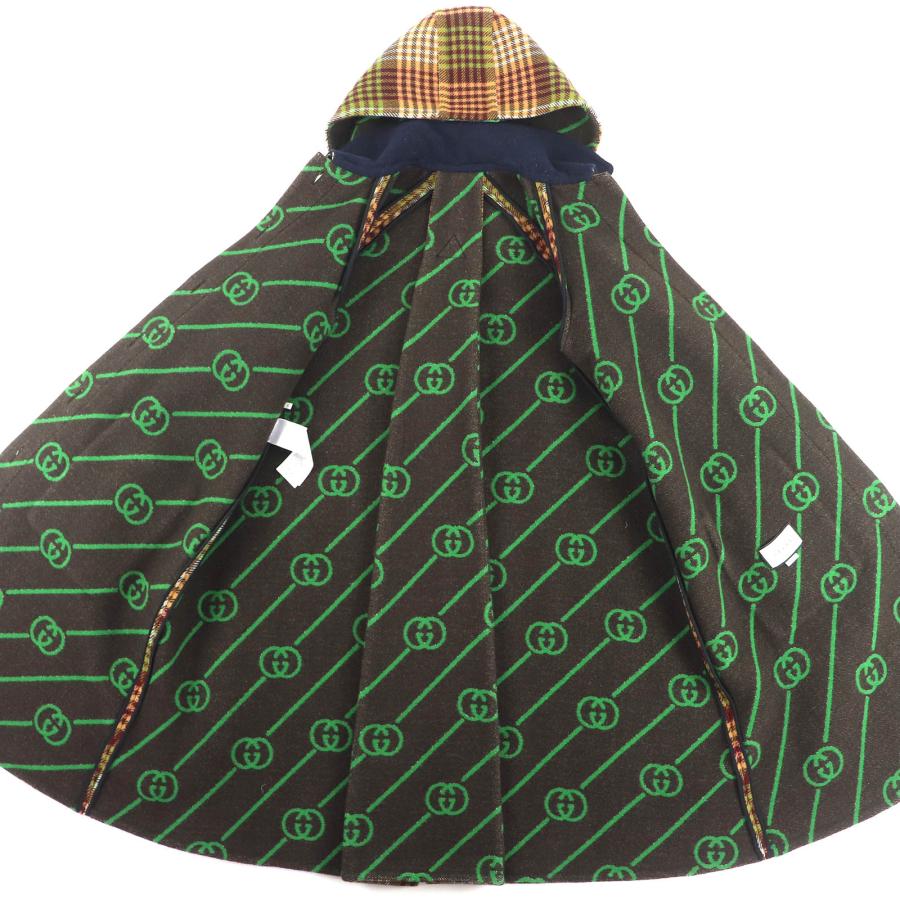 極美品△GUCCI グッチ 609030 チェック柄 裏地GG柄 ホースビット フード付き ロング ウールコート ブラウン系 グリーン系 40 伊製 正規品_3