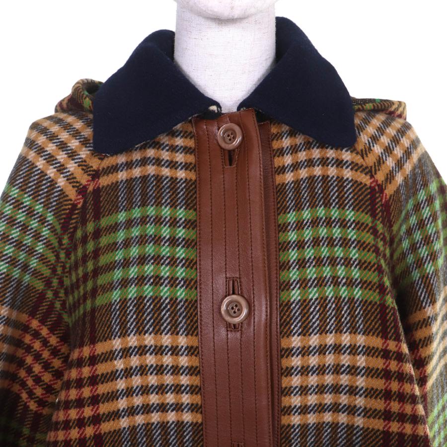 極美品△GUCCI グッチ 609030 チェック柄 裏地GG柄 ホースビット フード付き ロング ウールコート ブラウン系 グリーン系 40 伊製 正規品_4