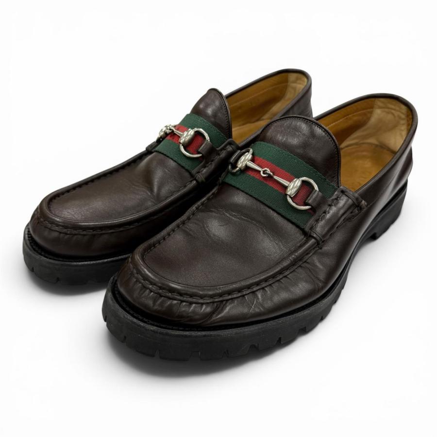 美品▲GUCCI グッチ 496246 ウェブライン ホースビットローファー レザーシューズ ブラウン シルバー金具 9 イタリア製 メンズ GUCCI（グッチ） 美品△GUCCI 496246 ウェブライン ホースビット