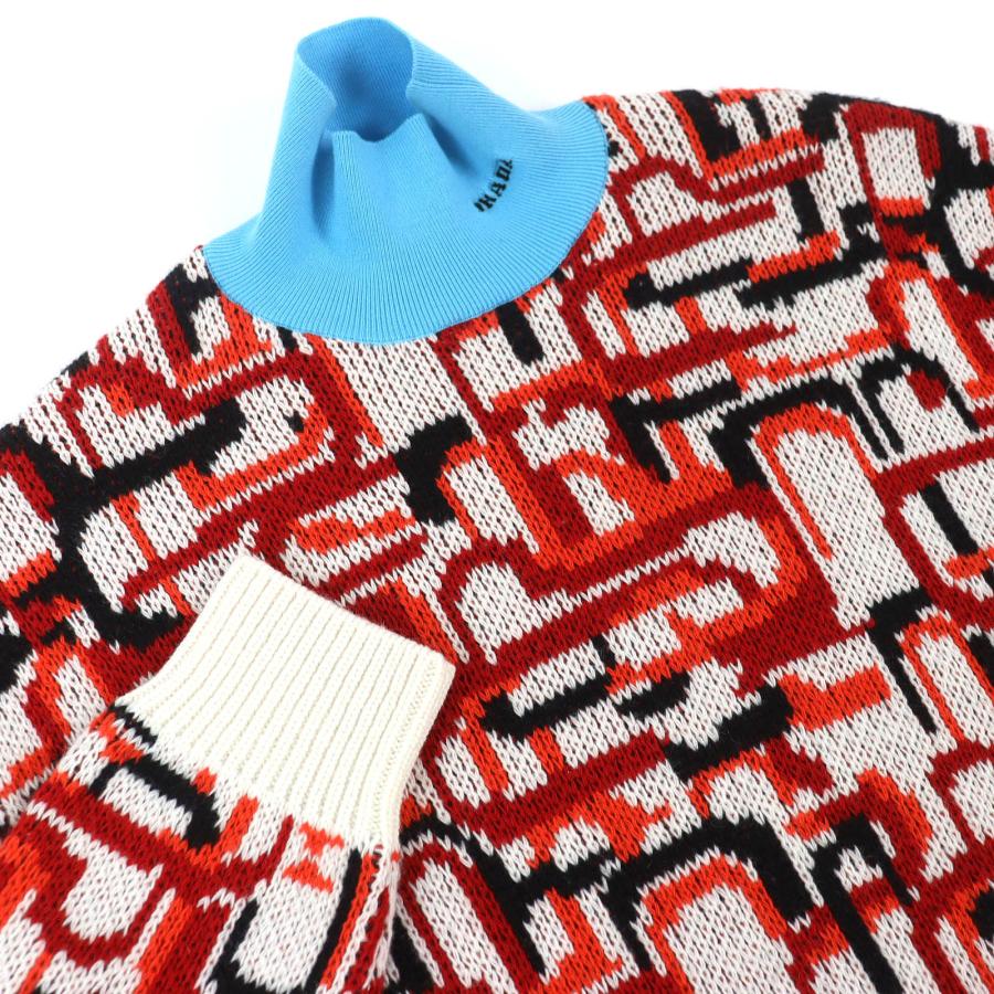 極美品△PRADA プラダ 2022年製 UMR536 S222 1113 バージンウール カシミヤ 総柄 ハイネック ニット セーター レッド系 ライトブルー 48 イタリア製 正規品 メンズ PRADA（プラダ） 極美品△PRADA 2022年製 UMR536 S222 1113 バージン