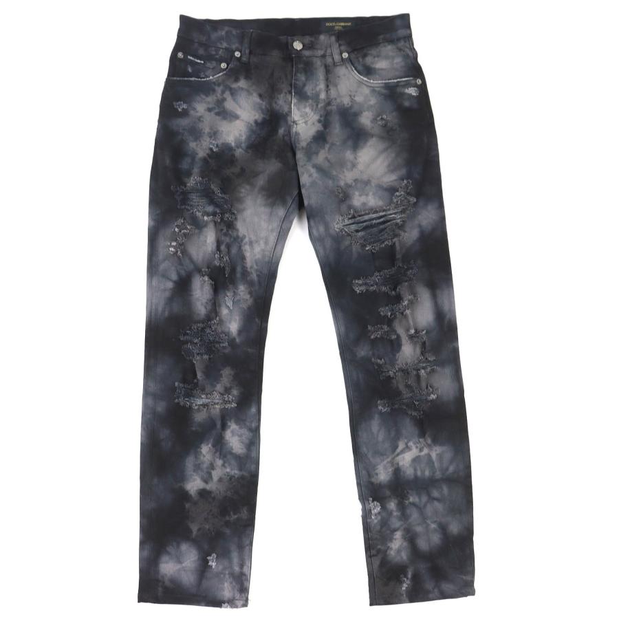 DOLCE&GABBANA ダメージ加工ブラックデニム　レザーメタルロゴ　黒 ドンドン見直し】美品△DOLCE&GABBANA ドルチェ＆ガッバーナ GY07CD