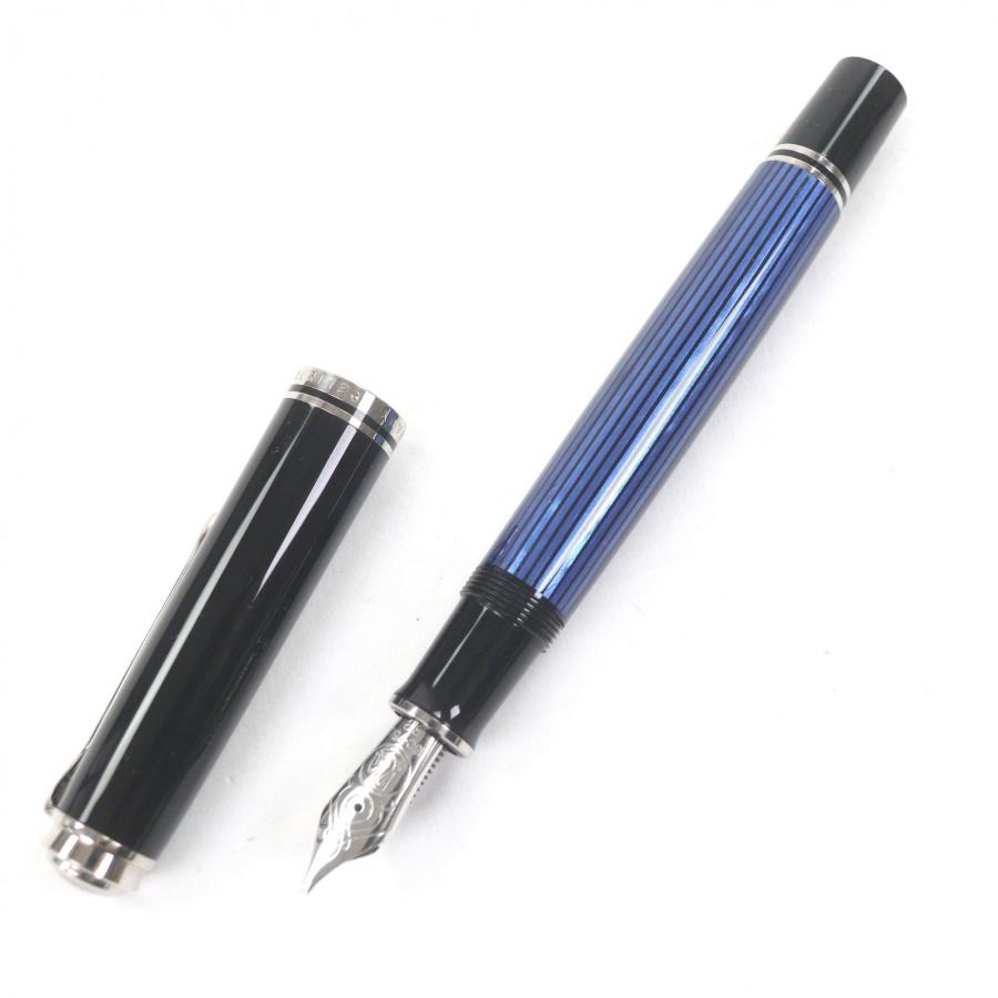 極美品□PERIKAN ペリカン M805 スーベレーン ペン先750 BBニブ ストライプ キャップ式 万年筆 ブラック ブルー 箱付き ドイツ製 メンズ Pelikan（ペリカン） 極美品□PERIKAN M805 スーベレーン ペン先750 BB