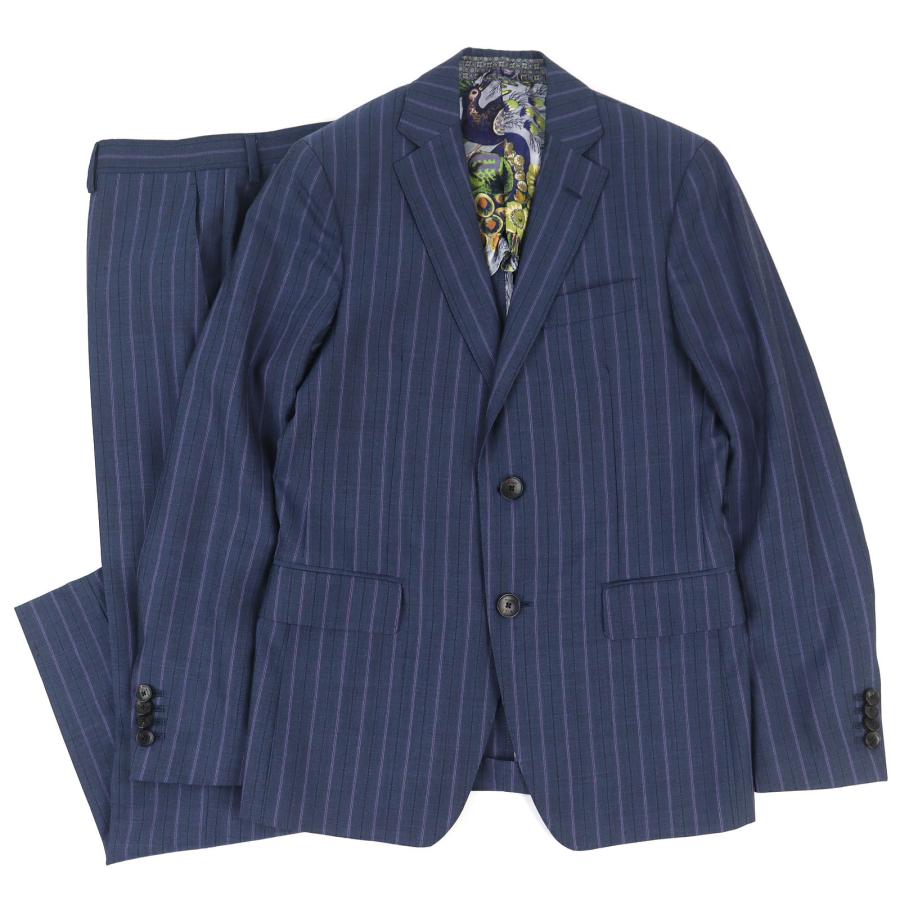 ETRO ネイビー スーツ 44 ETRO（エトロ） 極美品△ETRO ウール100％ 裏地総柄 ロゴボタン