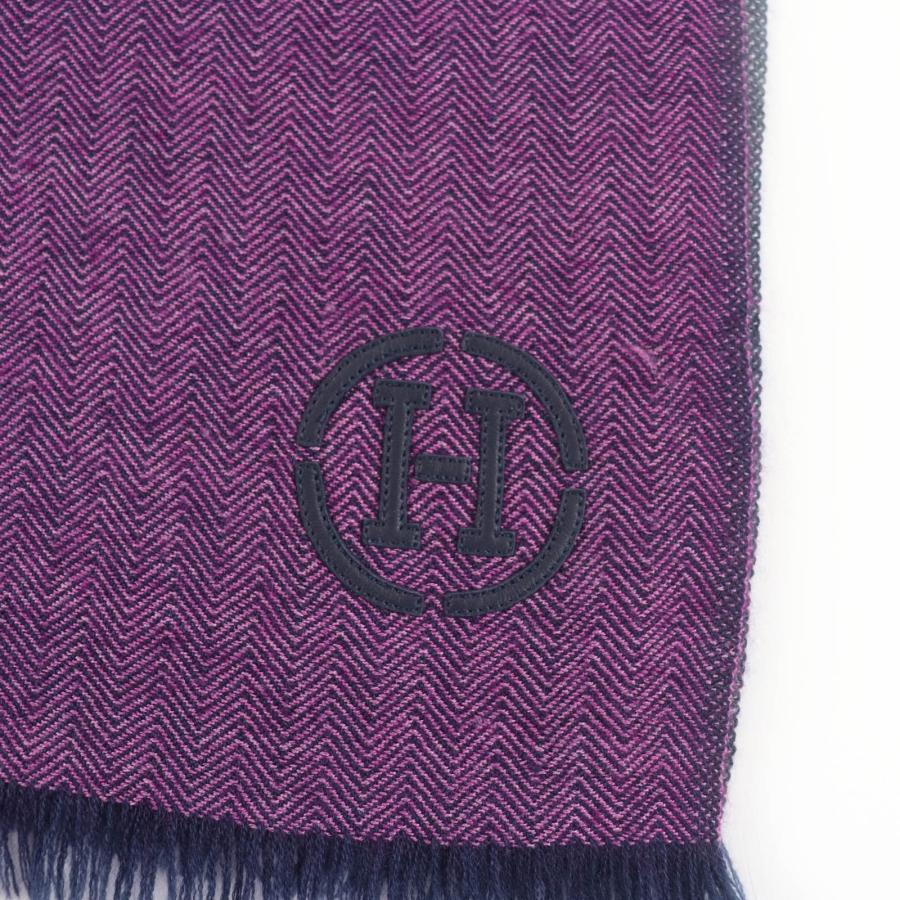 美品☆HERMES エルメス カシミヤ100％ Hロゴレザーパッチ フリンジ付 大判ショール ストール パープル ネイビー レディース_6