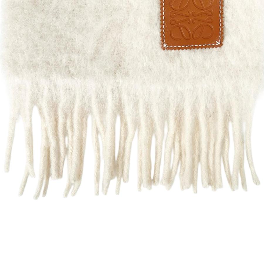 極美品▲LOEWE ロエベ モヘア ウール アナグラム レザーパッチ フリンジ マフラー アイボリー スペイン製 正規品 レディース_3