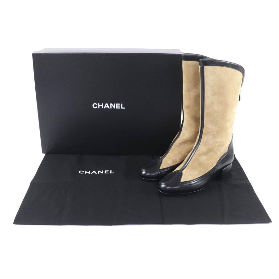 未使用品★CHANEL シャネル 25A G46591 ココマーク金具付 レザー使い バックZIP スウェードレザー ロングブーツ ベージュ 黒 38 箱付の画像