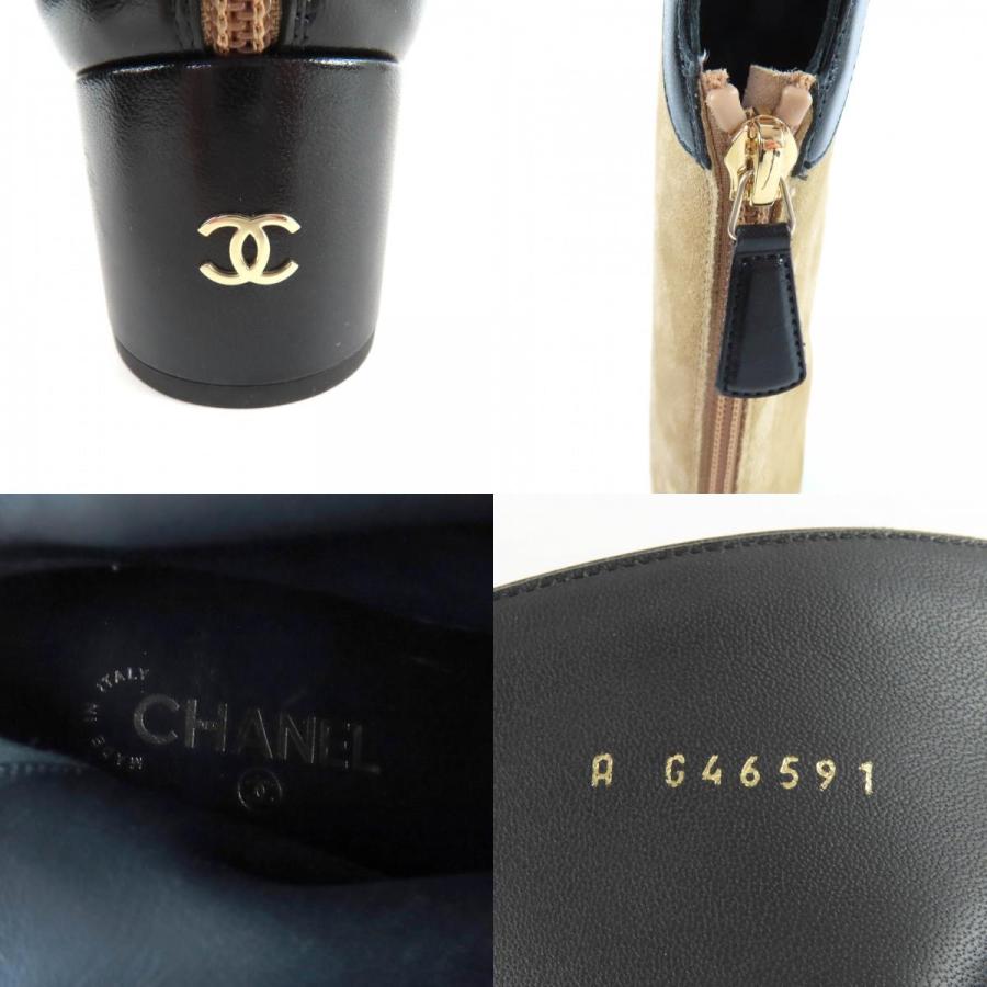 未使用品★CHANEL シャネル 25A G46591 ココマーク金具付 レザー使い バックZIP スウェードレザー ロングブーツ ベージュ 黒 38 箱付の画像