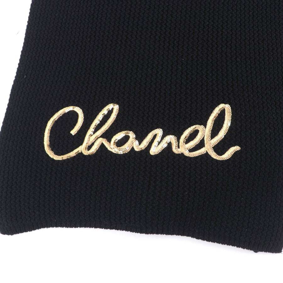美品★CHANEL シャネル 2022年製 22A カシミヤ100％ 筆記ロゴ刺繍 スパンコール ニット マフラー ストール ブラック 伊製 レディースの画像