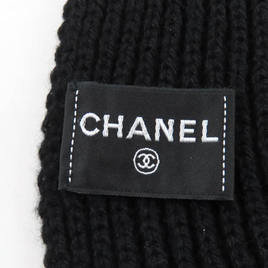 美品★CHANEL シャネル 2022年製 22A カシミヤ100％ 筆記ロゴ刺繍 スパンコール ニット マフラー ストール ブラック 伊製 レディースの画像