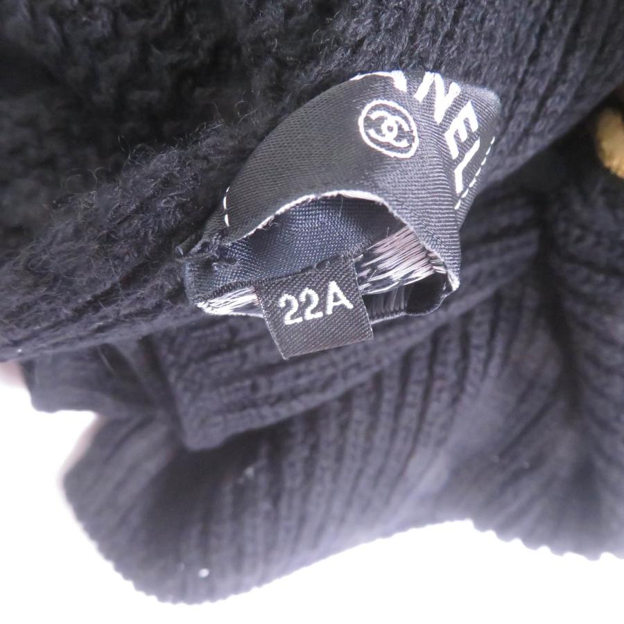 美品★CHANEL シャネル 2022年製 22A カシミヤ100％ 筆記ロゴ刺繍 スパンコール ニット マフラー ストール ブラック 伊製 レディースの画像
