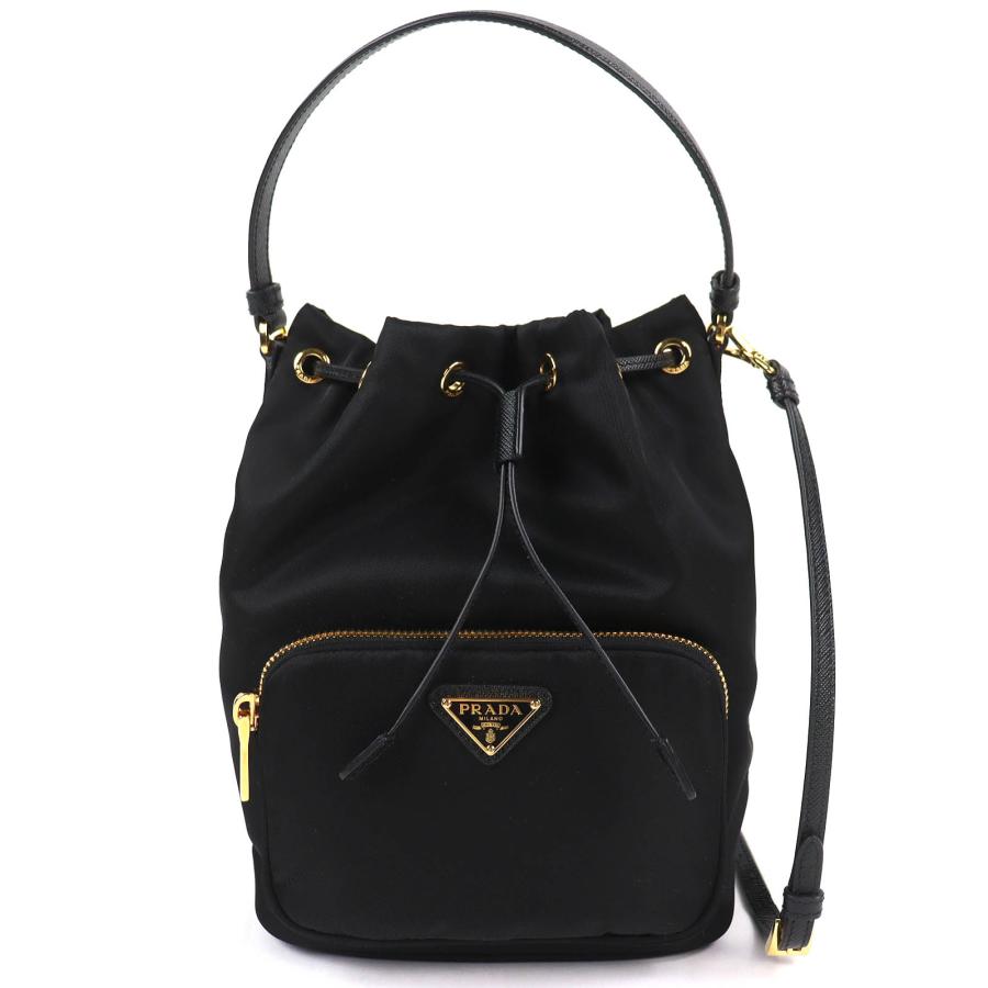 極美品△PRADA プラダ 1BH038 デュエット トライアングルロゴ Re-Nylon バケットバッグ 巾着 ショルダーバッグ ブラック ゴールド金具 保存袋付き レディース 定価275,000円 PRADA（プラダ） 極美品△PRADA 1BH038 デュエット トライアングルロゴ