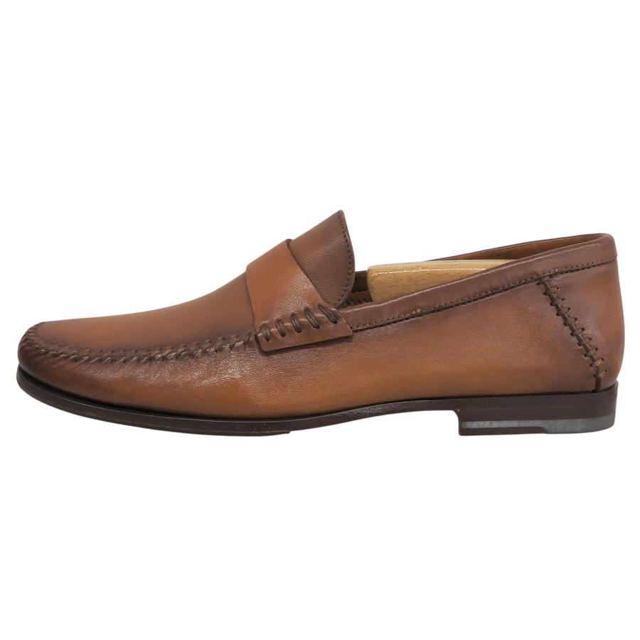 極美品▲Santoni サントーニ ステッチデザイン モカシン レザーローファー ビジネスシューズ ブラウン 5.5 イタリア製 メンズ_1
