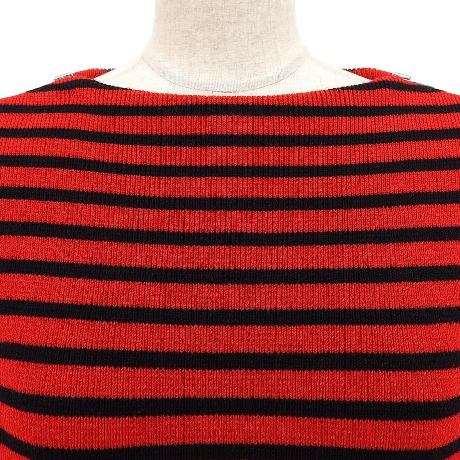 美品▲CELINE セリーヌ 2A218954D ショルダージップ  ボーダー柄 ボートネック ウール ニット レッド ブラック XS イタリア製 正規品の画像