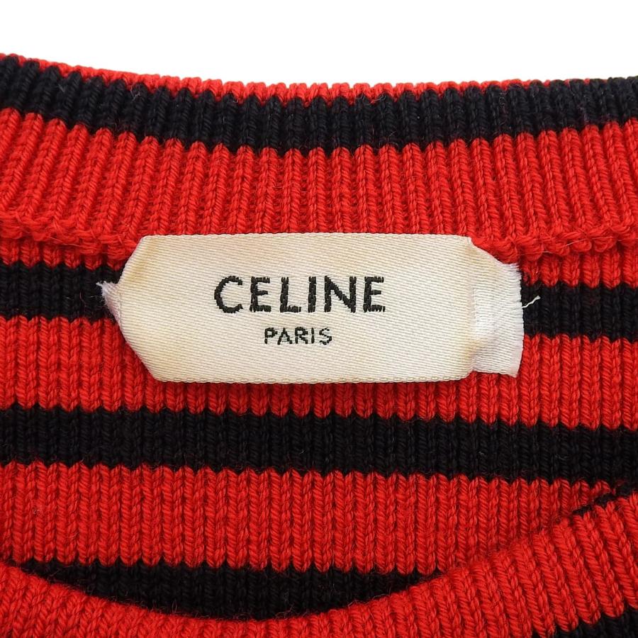 美品▲CELINE セリーヌ 2A218954D ショルダージップ  ボーダー柄 ボートネック ウール ニット レッド ブラック XS イタリア製 正規品の画像