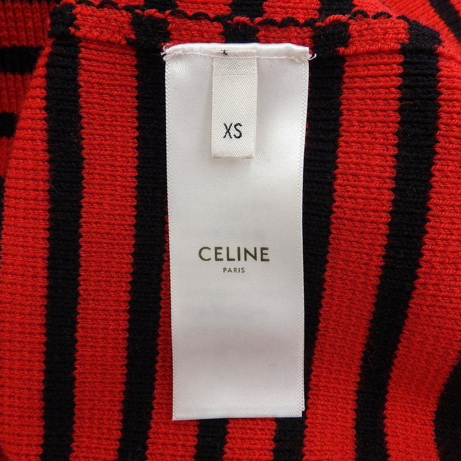 美品▲CELINE セリーヌ 2A218954D ショルダージップ  ボーダー柄 ボートネック ウール ニット レッド ブラック XS イタリア製 正規品の画像