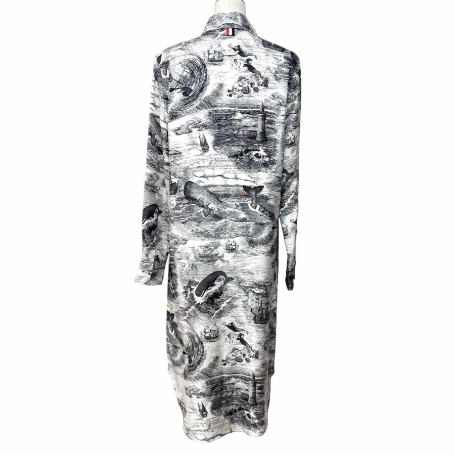 極美品★THOM BROWNE トムブラウン FDSE28A シルク100％ ノーティカルトワルシルクツイル シャツワンピース 黒 白 40 正規品 ハンガー付の画像