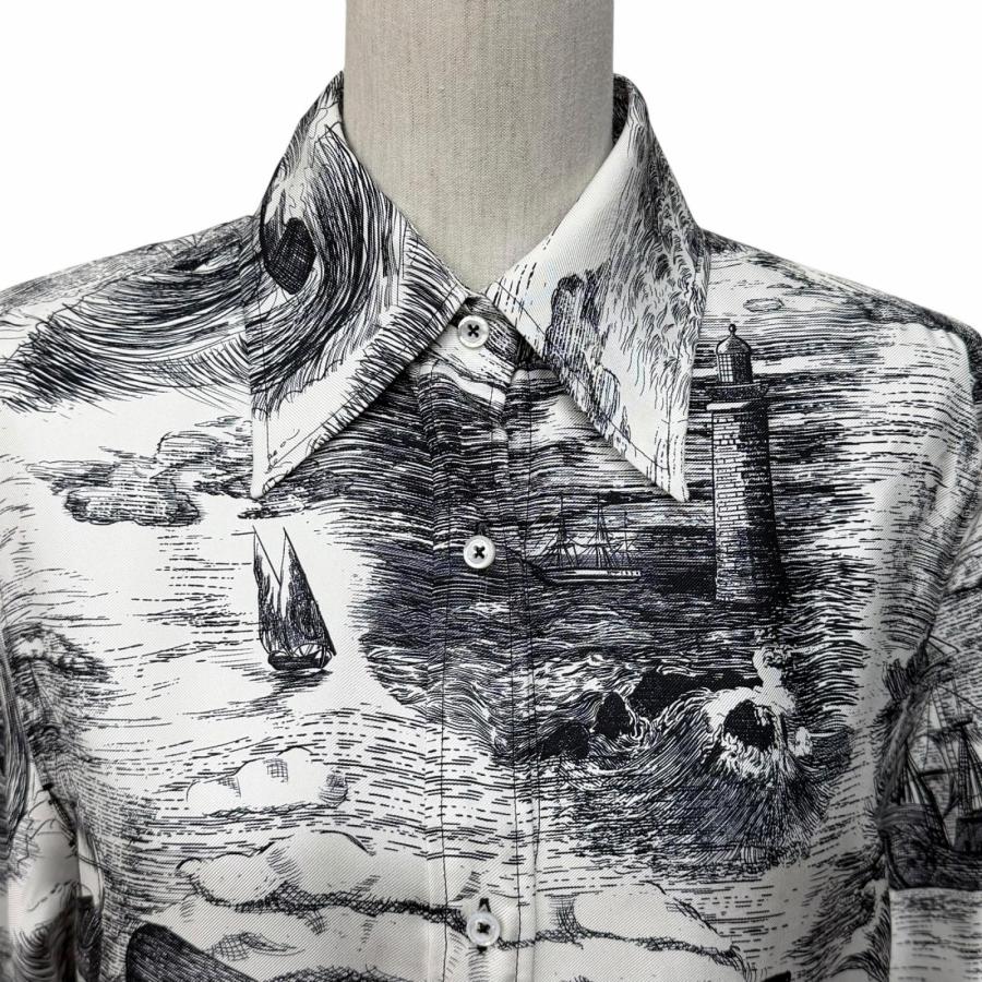 極美品★THOM BROWNE トムブラウン FDSE28A シルク100％ ノーティカルトワルシルクツイル シャツワンピース 黒 白 40 正規品 ハンガー付の画像