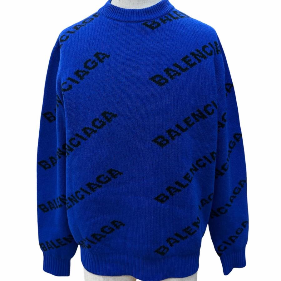 美品□BALENCIAGA バレンシアガ 555486 ウール オールオーバーロゴ クルーネック ニット セーター ブルー M イタリア製 正規品 メンズ BALENCIAGA（バレンシアガ） 美品□BALENCIAGA 555486 ウール オール