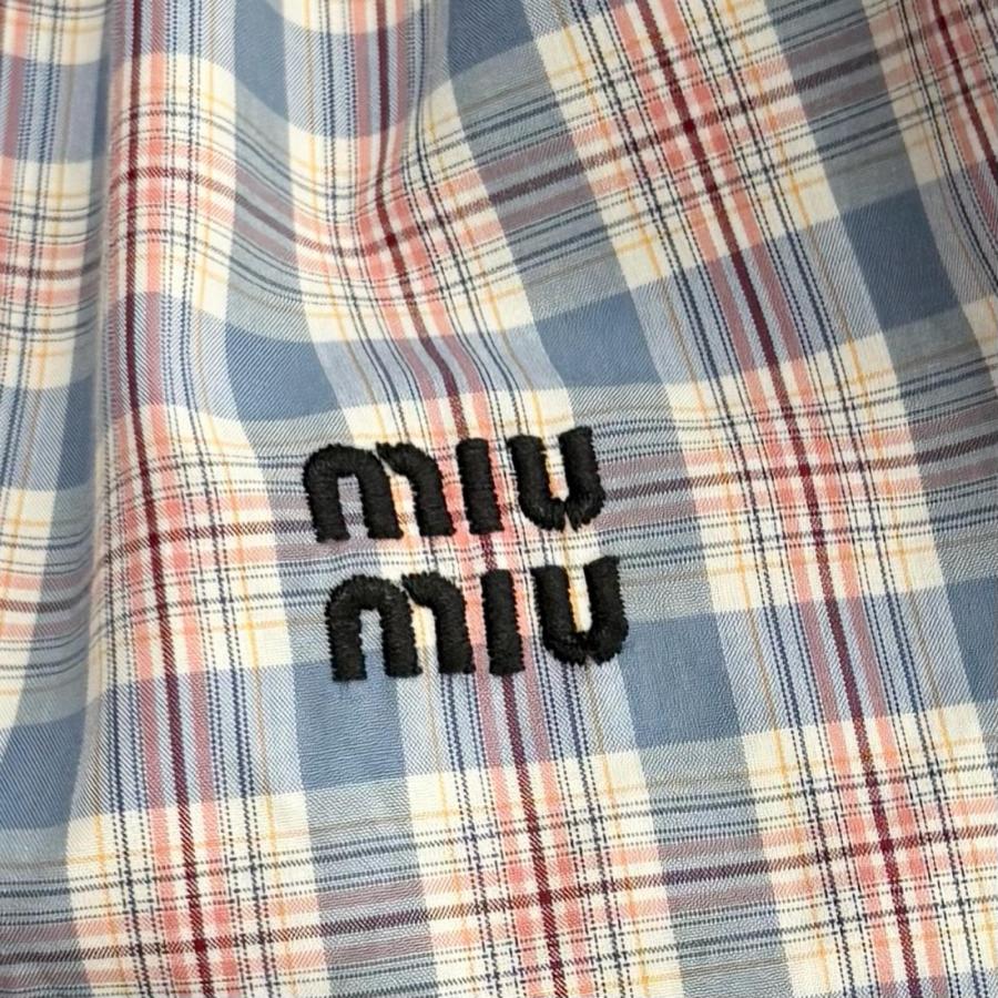 美品★MIUMIU ミュウミュウ 2022年製 MF4381 コットン100% ロゴ刺繍入り チェック柄 パフスリーブ シャツ ワンピース 38 正規品_4
