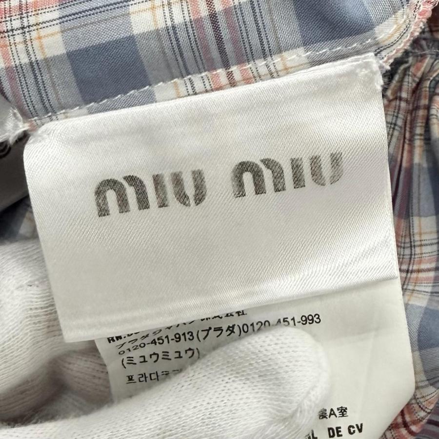 美品★MIUMIU ミュウミュウ 2022年製 MF4381 コットン100% ロゴ刺繍入り チェック柄 パフスリーブ シャツ ワンピース 38 正規品_6