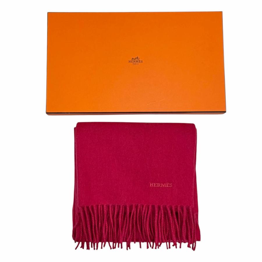 エルメス マフラー カシミヤ100% ロゴ 男女兼用ストール ロゴ刺繍 フリンジ HERMES（エルメス） 未使用品◇HERMES カシミヤ100％ ロゴ刺繍
