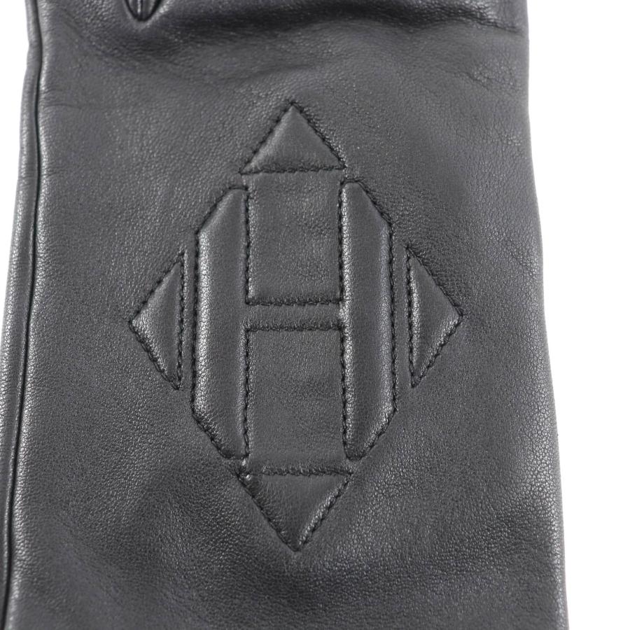 美品★HERMES エルメス 裏地シルク100％ Hロゴ ラムレザー 手袋 ブラック 7.5 箱付き イタリア製 レディース
