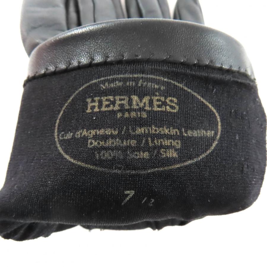 美品★HERMES エルメス 裏地シルク100％ Hロゴ ラムレザー 手袋 ブラック 7.5 箱付き イタリア製 レディース
