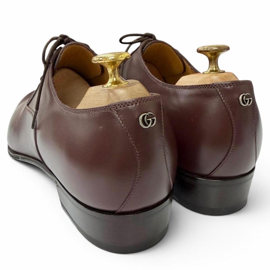 未使用品□GUCCI グッチ レザー GGロゴ金具 プレーントゥ レースアップ ドレスシューズ バーガンディ 8 イタリア製 メンズ 箱・保存袋付 GUCCI（グッチ） 未使用品□GUCCI レザー GGロゴ金具 プレーントゥ