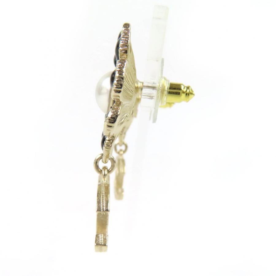 極美品△CHANEL シャネル A22K GP ココマーク フラワー ラインストーン フェイクパール スウィング ピアス 両耳用 ゴールド ブラックの画像