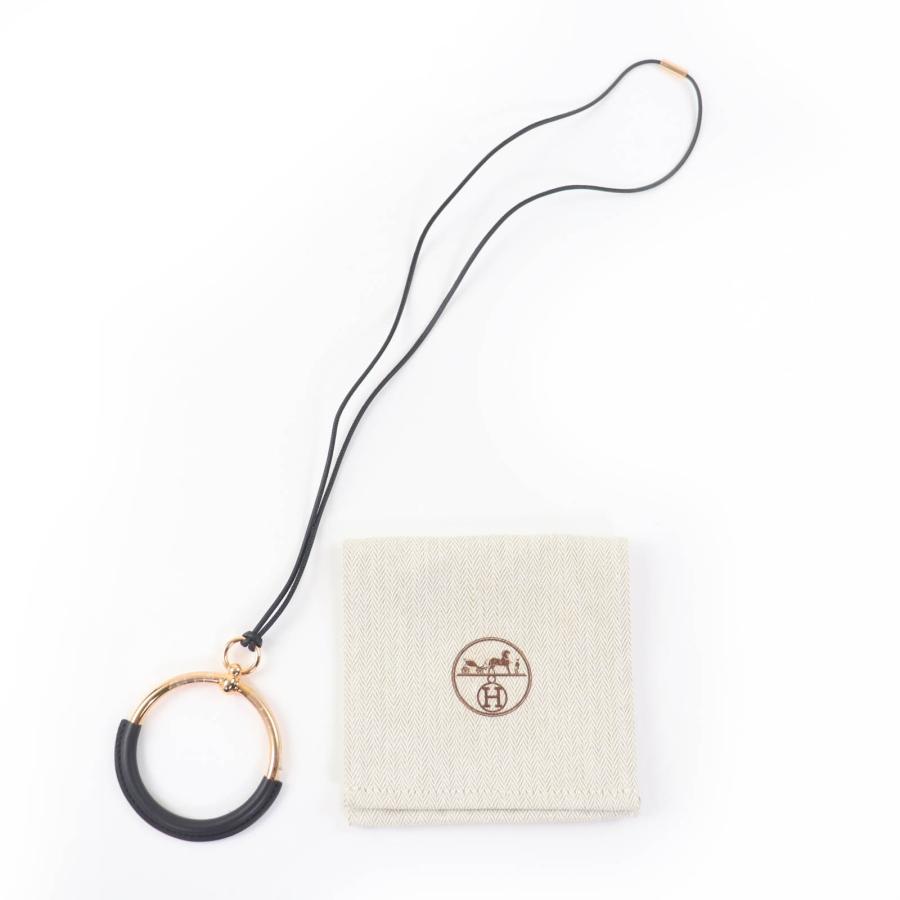 美品 エルメス ループグラン ネックレス ペンダント ブラック ゴールド金具 HERMES（エルメス） 極美品☆HERMES ループ グラン ペンダント レザー