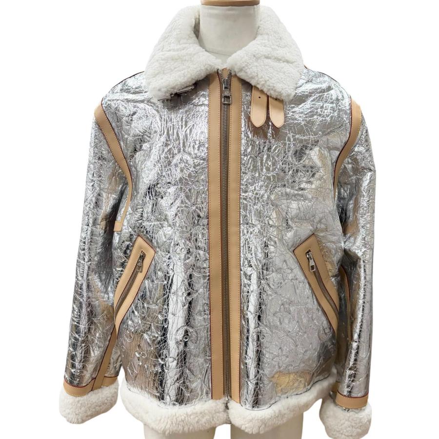 極美品▼LOUIS VUITTON ルイヴィトン ラムレザー ヌメ革 モノグラムミラー シアリング WZIPUP ムートンジャケット シルバー 50 正規品 LOUIS VUITTON（ルイ・ヴィトン） 極美品▽LOUIS VUITTON ラムレザー