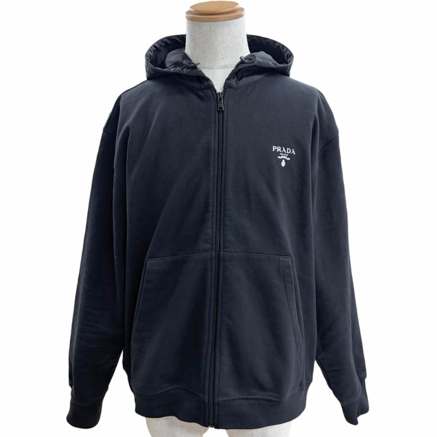 美品□PRADA プラダ UJL203 Re-Nylon コットン 素材切り替え ロゴプリント ジップアップパーカー フーディー ブラック L 正規品 メンズ PRADA（プラダ） 美品□PRADA UJL203 Re-Nylon コットン 素材切り替え